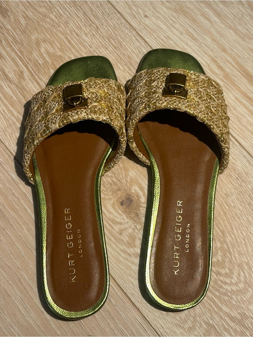 Kurt Geiger Gold Raffia Slide Sandals with Green Trim